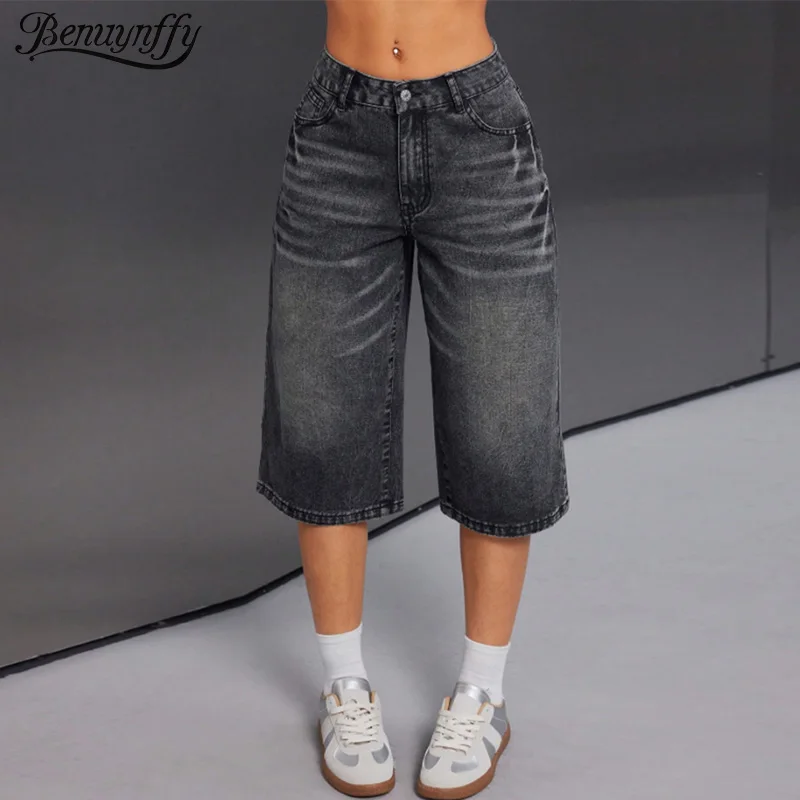 

Benuynffy American Retro Washed Denim Wide Leg Half Pants Women's Summer Mid Waisted Streetwear Y2K Fashion Loose Straight Jeans