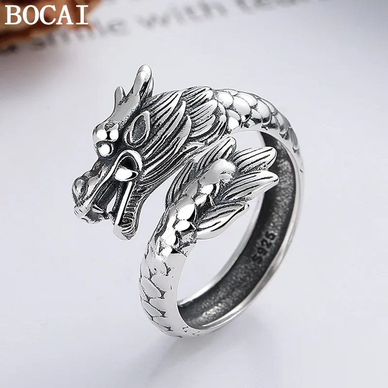 

BOCAI S925 Sterling Silver Rings for Women Men New Fashion Cloisonne Flying Dragon Phoenix Simple Ethnic Style Jewelry Wholesale