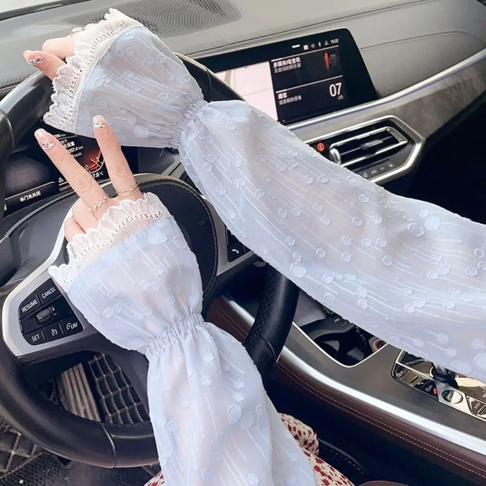 

Anti-UV Chiffon Lace Ice Silk Sleeves Long-sleeved Glove Sun Protection Sunscreen Sleeve Loose Arm Warmers Driving Gloves