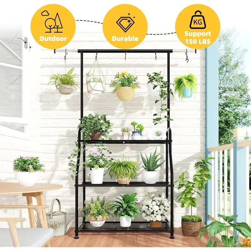 Plant Stand Indoor Outdoor, Heavy Duty Metal 3 Tiered Hanging Plant Shelf for Multiple Flower Planter Holder