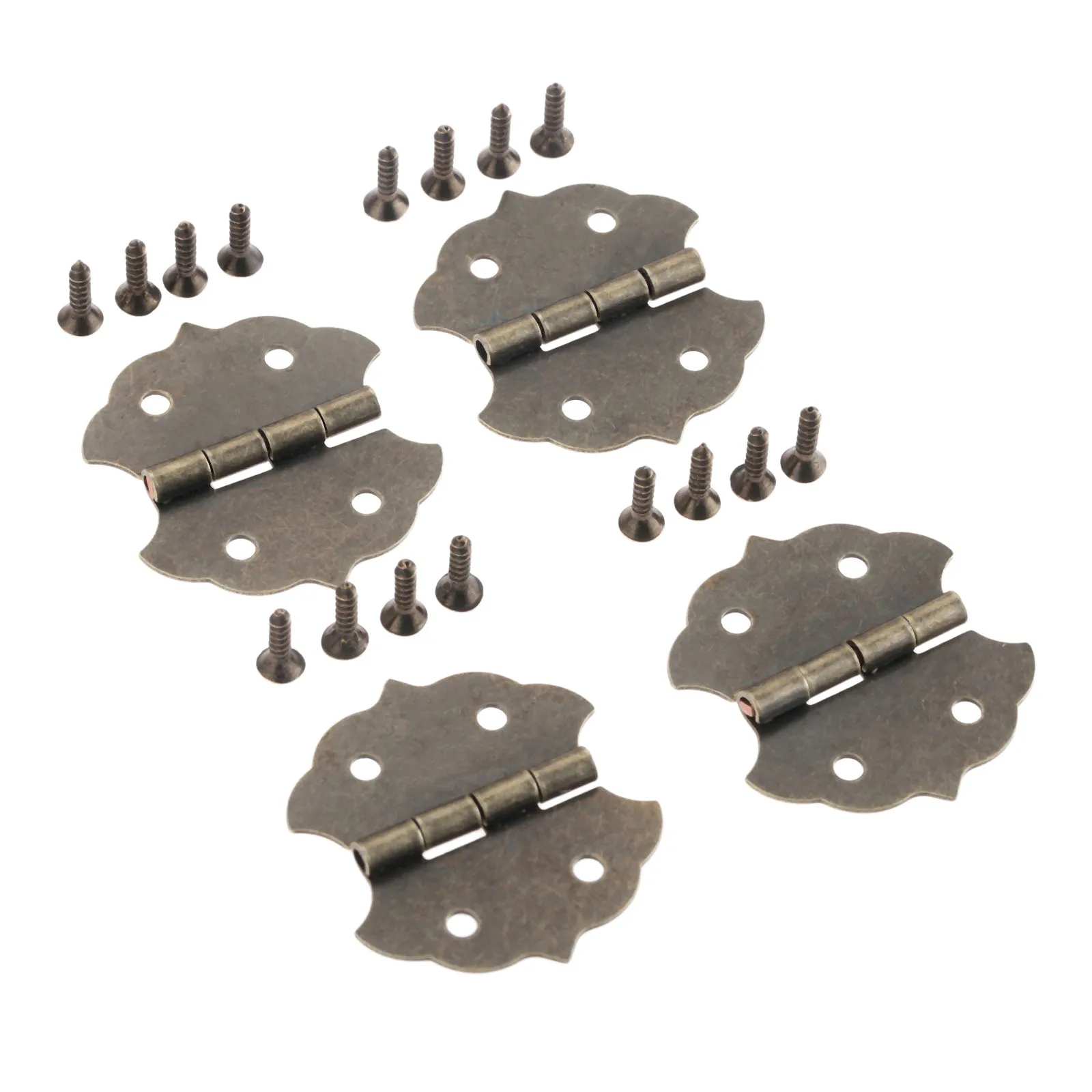 

4pcs Flat Hinges +16 screws Lace Shape Antique bronze 29*31mm 4 Holes Furniture Chest Wood Jewelry Box Wine Case Retro Decor
