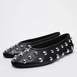 Designer Retro Black Rivet Ladies Ballet Flats Soft Leather Round Toe Shallow Female summer Footwear 2025 Plus Size Women Shoes