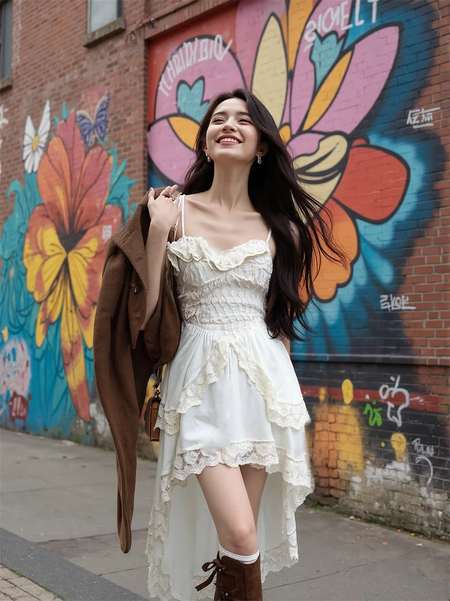 Women'S Dress Applique White Summer Flounced Edge Purple Sheer Drawstring Elasticity Fancy Boho Chic Evening Dance Spring Winter