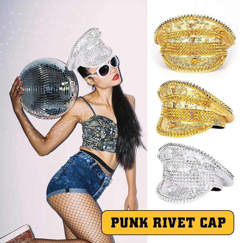 

Luxury Silver Gold Sequin Rivet Shinny Rhinestone Hat Women Wedding Bride Captain Hat Punk Nightclub Performance Military Hat