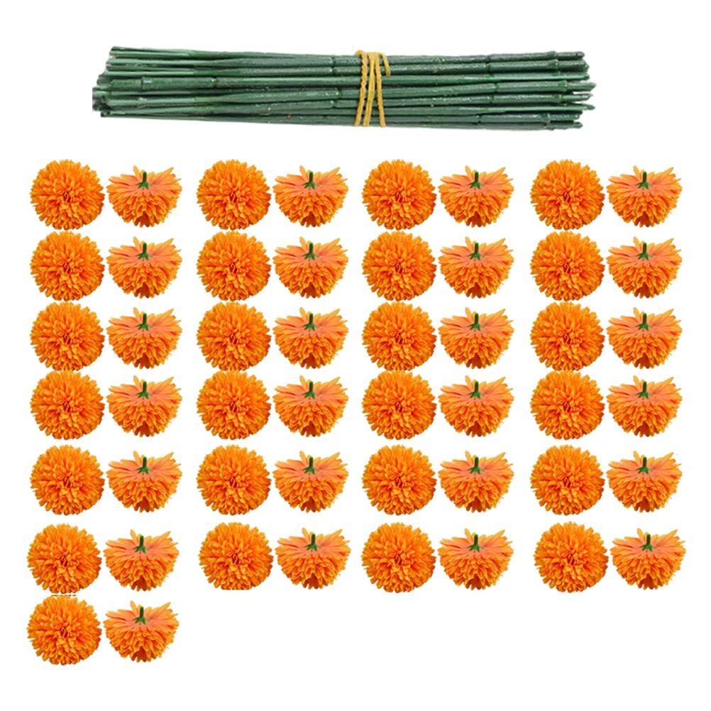 

Marigold Artificial Flower with Pole 50Pcs for Diwali Home Decor DIY Wreath Garland Craft Wedding Party Decoration