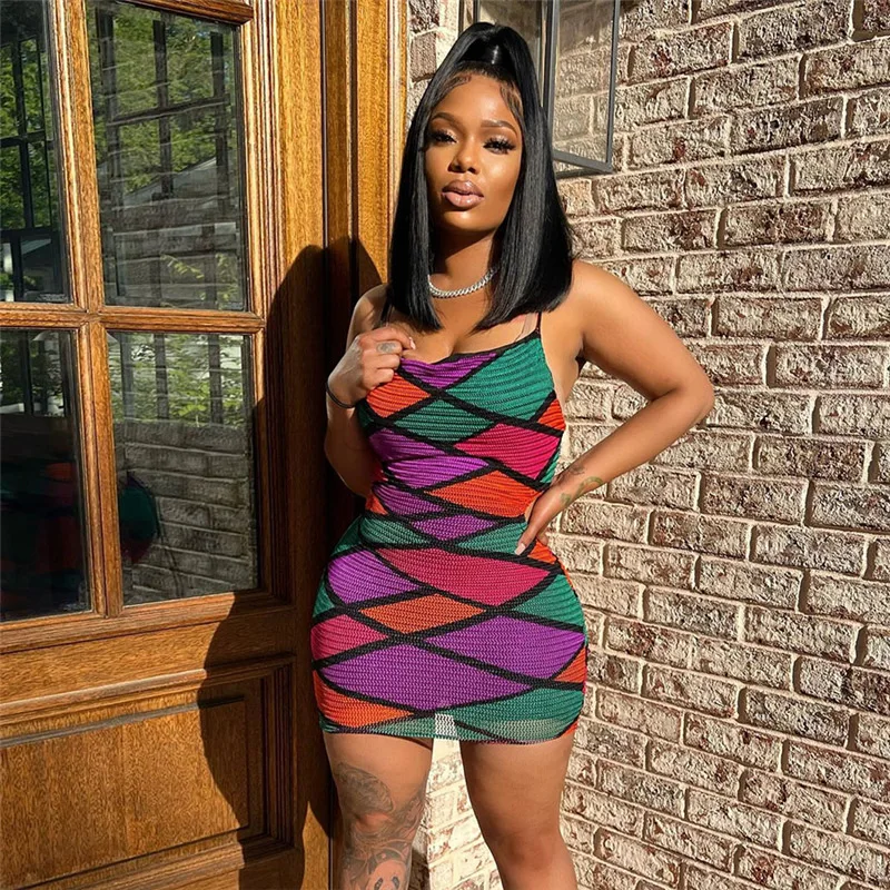 2023 Mesh Multi-Color Patchwork Mini Dress Women Sexy Spaghetti Strap Cut Out See Through Skinny Skirt Attirewear Female Mujer