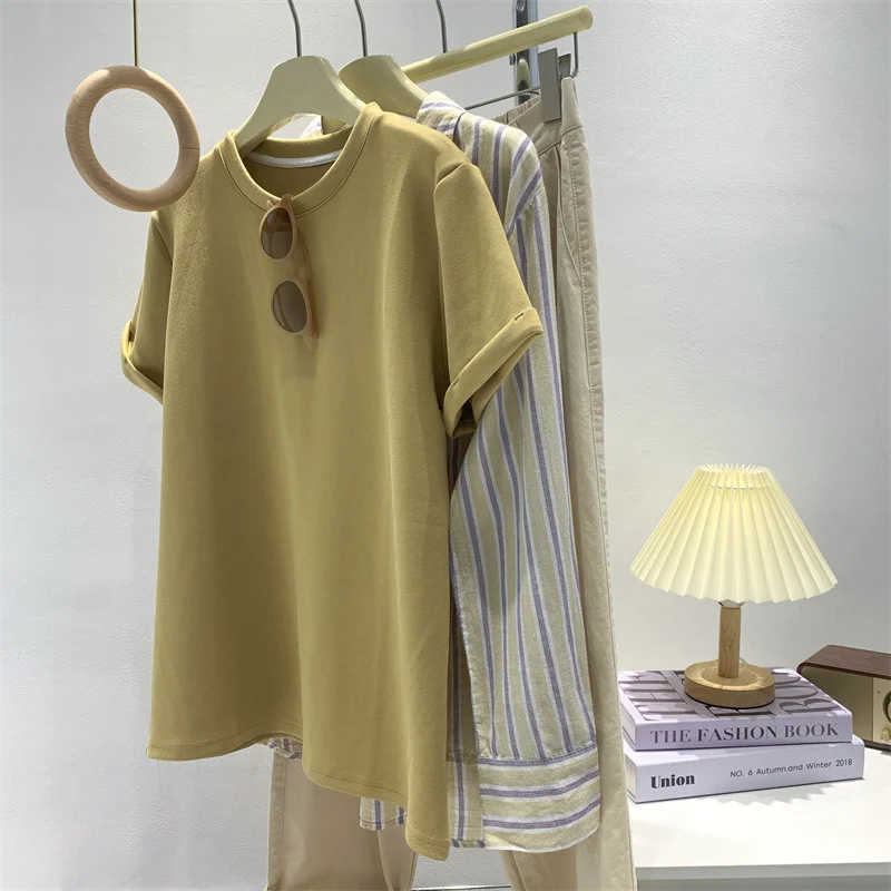 T-shirt ort Sve con risvolto a strati d'aria extra large da 300 Pou T-shirt da donna blu peaco estiva tinta unita semplice taglie forti