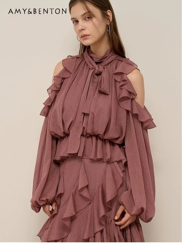 

2025 Autumn Winter New Japanese Sweet Ruffled Off-Shoulder Pleated Bow Tie Shirt Elegant Fairy Style Chiffon Blouse for Women