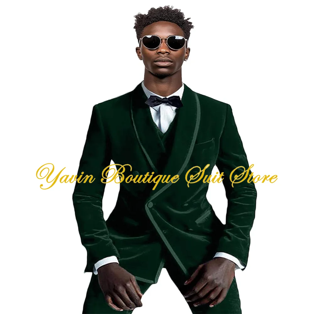 

Men's Velvet Suit Slim Fit Shawl Lapel Jacket Double Breasted Wedding Tuxedos 3-piece Set Blazer+Vest+Pants