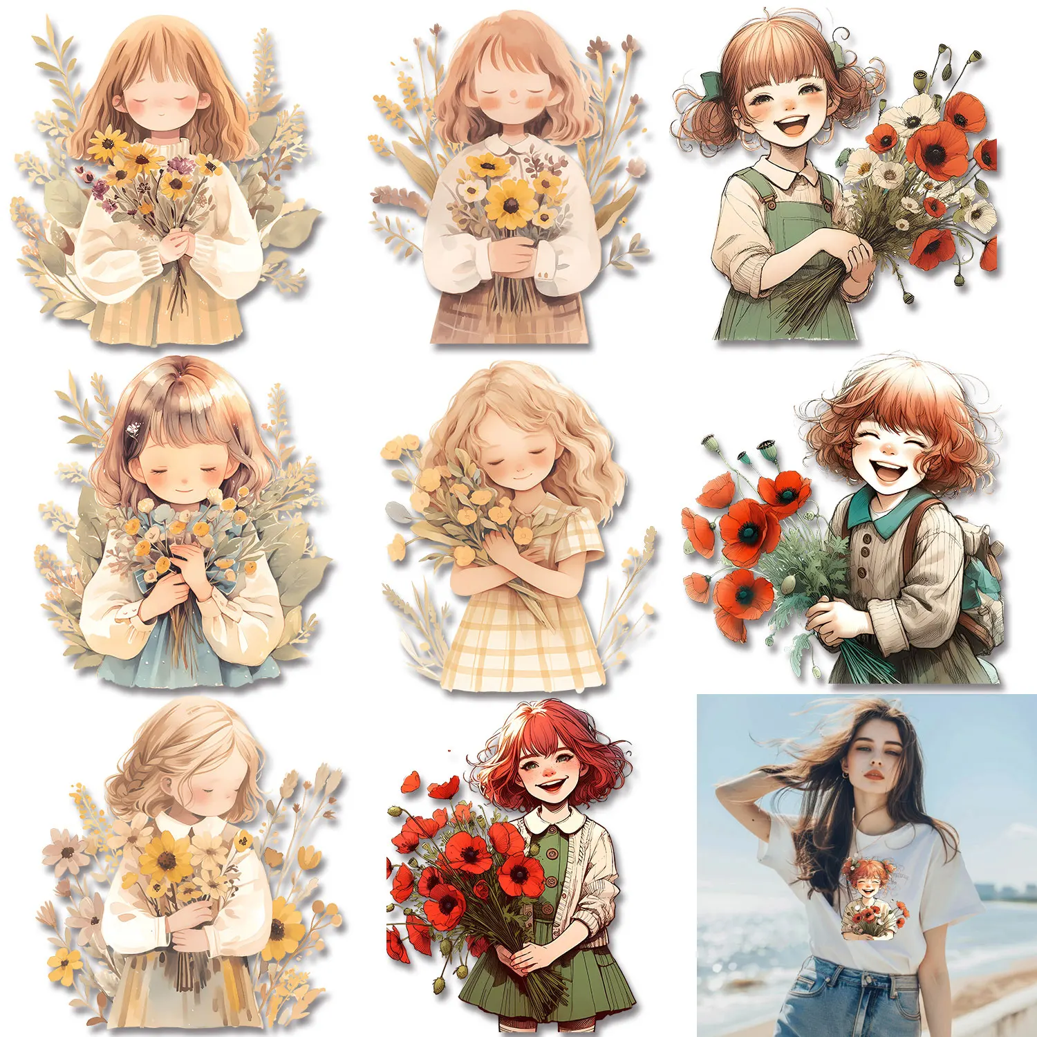 Lively Cheerful Smiling Comic Girl Flower Cute Cartoon Iron on Decals Patches for Clothes Playful Stickers DIY Decoration