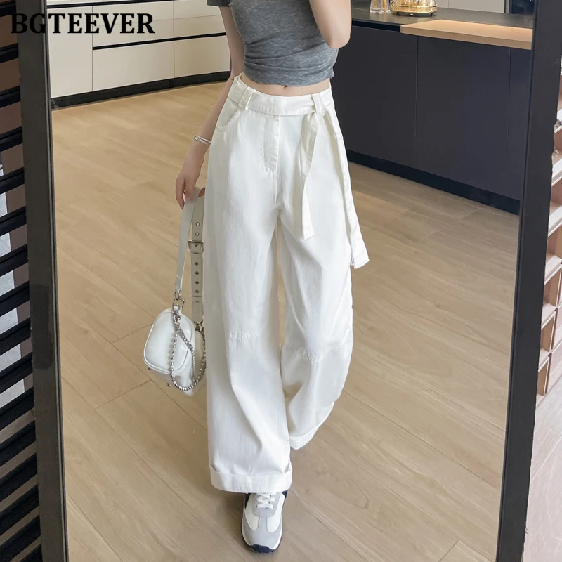 BGTEEVER Chic Casual Lace-up High Waist Wide Leg Jeans Pants for Women Stylish Loose Pockets Female Straight Denim Trousers