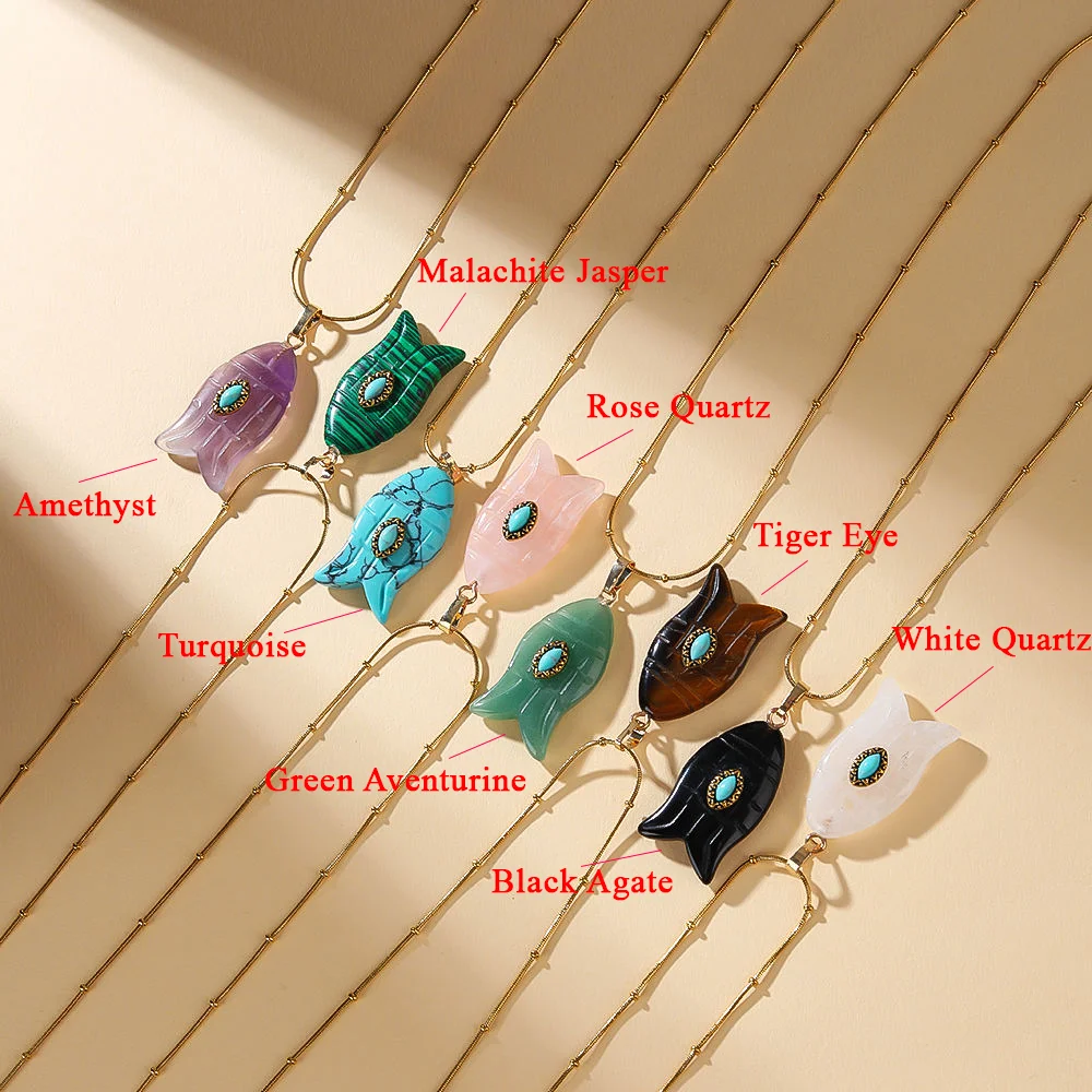 Fish-Shaped Necklace Natural Amethyst Malachite Pendant Necklaces Bohemian Mini Necklace Unisex Style Daily Party Wear Jewelry