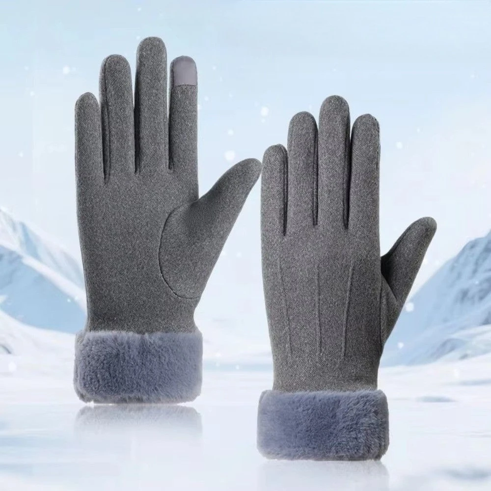 Touchscreen Gloves for Women Winter Faux Fur Cuff Warm Thick Plush Faux Suede Full Finger Soft Solid Color Autumn Texting