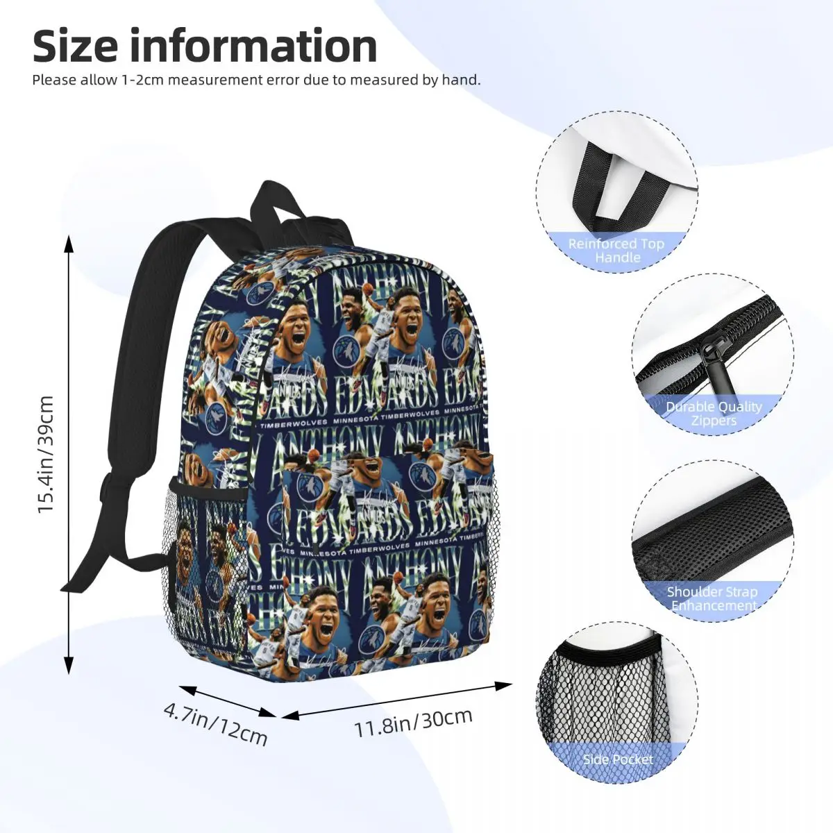Anthony Edwards Minnesota Basketball Backpack Student BookBag Children School Bag Laptop Shoulder Bags for Boys Girls