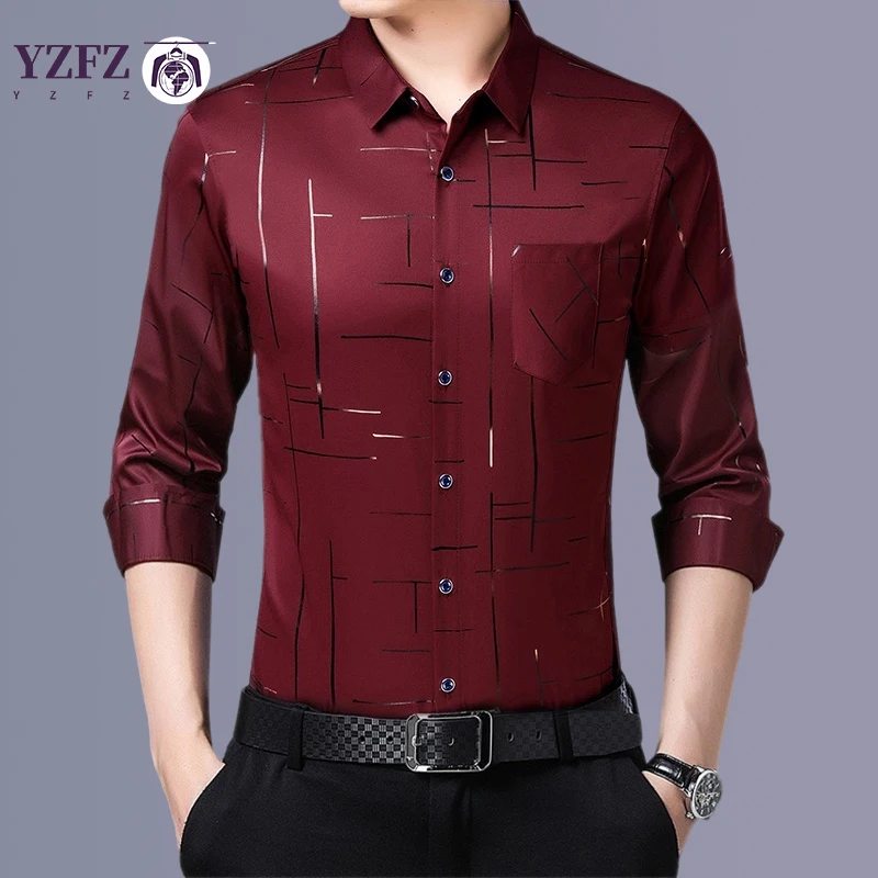 Camisa estampada de manga larga informal y de moda para hombre Top de negocios resistente a las arrugas sin planchar