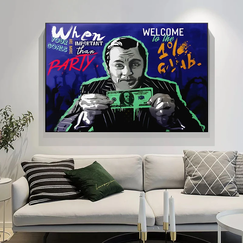 

Street Graffiti Art The Wolf of Wall Street Canvas Poster Money Motivational Living Room Decorative Painting Cuadros Wall Art