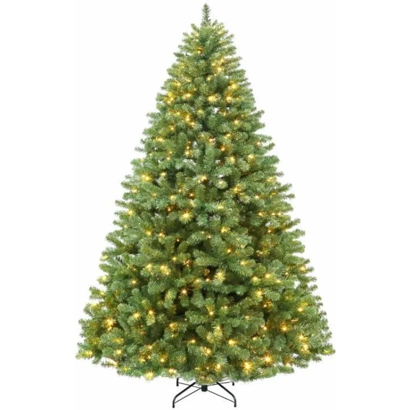 Artificial Christmas Tree with 600 Warm White Lights, 2100 Branch Tips, Metal Stand and Hinged Branches