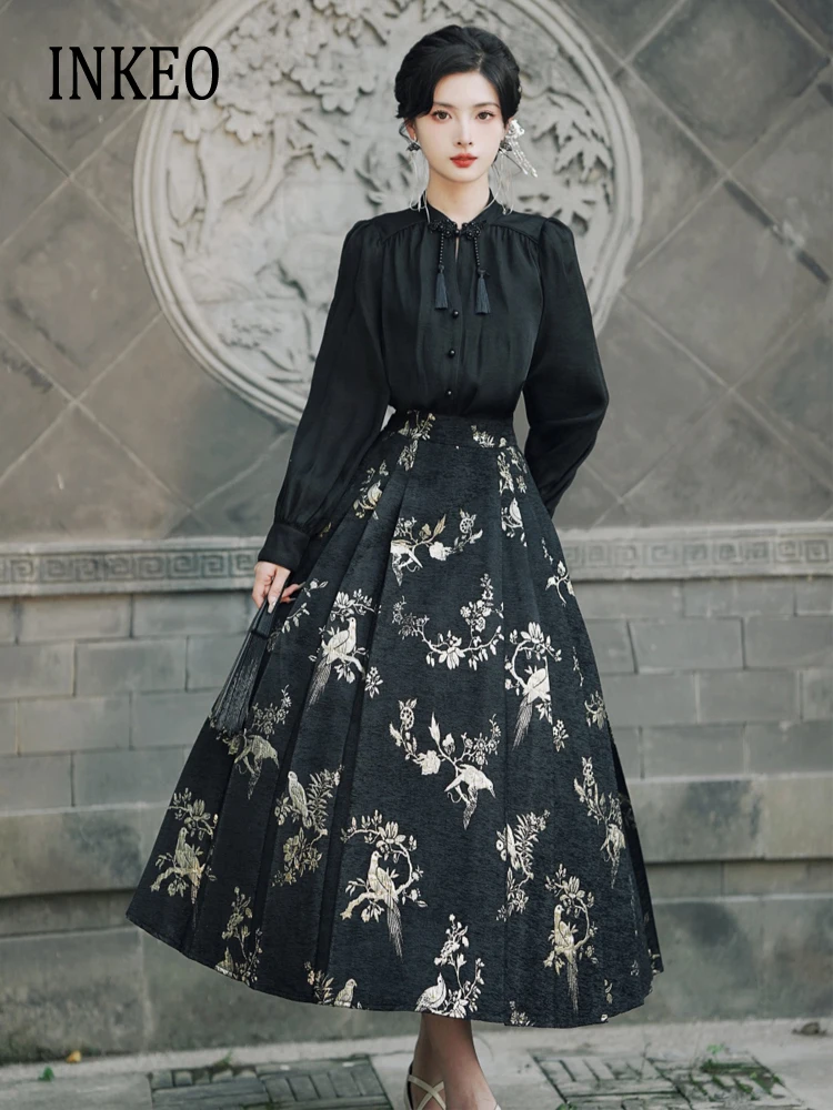 

Chinese style Women 2 Piece set Vintage Pearl shirt tops High waist pleated skirt 2024 Spring Summer Fashion print Suits 3T215