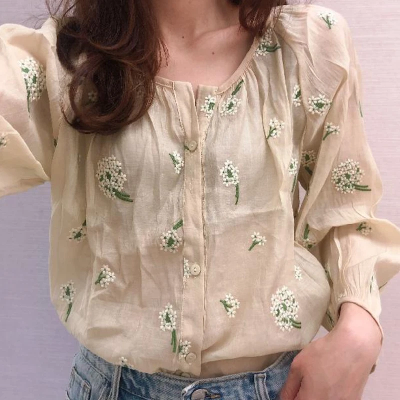 Shirts Women Embroidery Flowers Vintage Simple Korean Style Temper Spring All-match Daily Trendy Leisure Ladies Sweet Basics New