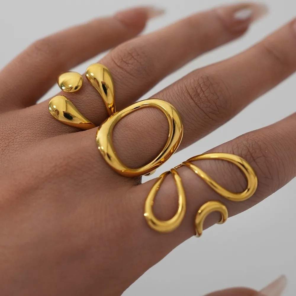 Aesthetic Vintage Geometric Rings Gold Plated Opening Design Line Rings Minimalist Stainless Steel Large Rings