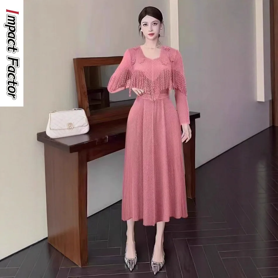 مياكي الأفريقي طيات فضفاضة فستان موضة مسمر الماس شرابة زهرة مزاجه فضفاض المرأة فستان طويل الخريف #1