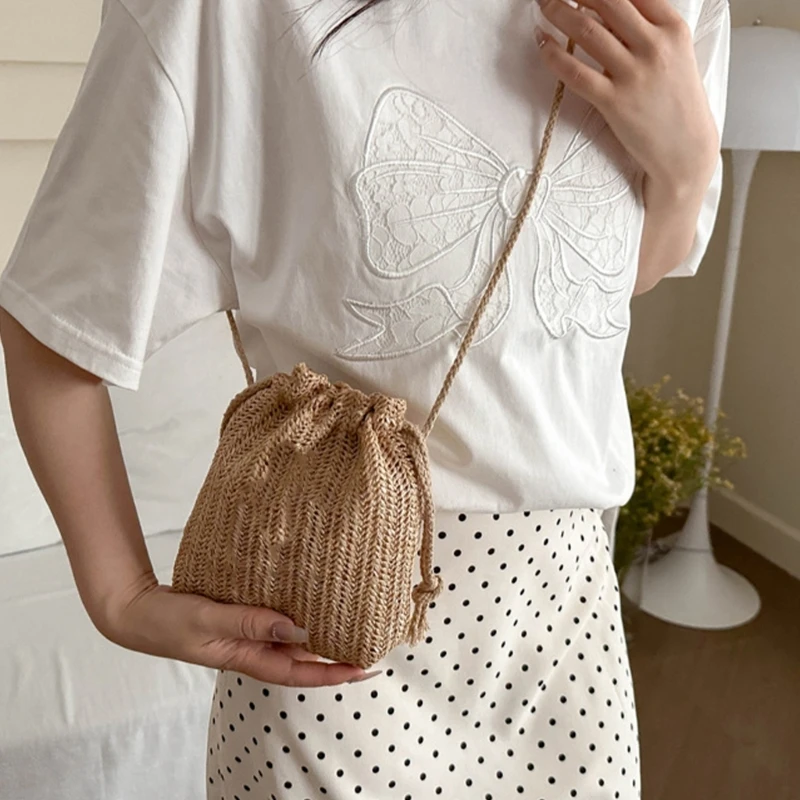 Elegant Ladies Beach Vacation Shoulder Crossbody Bag Stylish Casual Woven Straw Small Drawstring Bucket Bag for Holiday