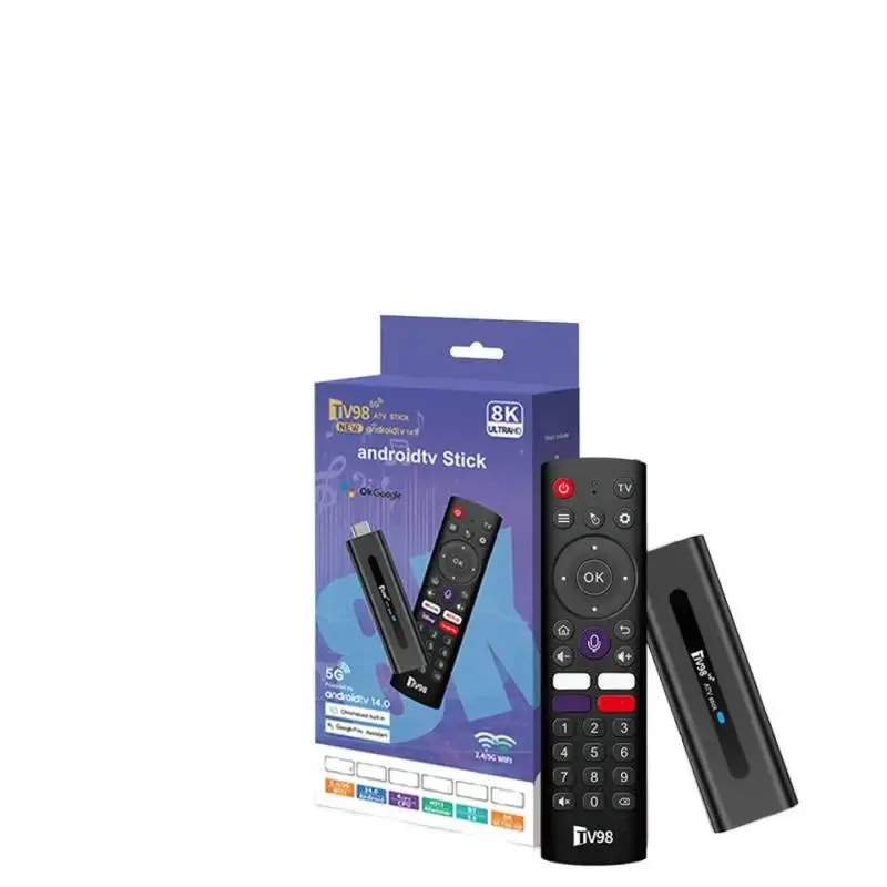 TV98 ATV Stick Android 14 BT 5.0 Allwinner H313 Quad Core 4G 5G Dual WiFi Pilot Głosowy HD 8K 4K @60fps TV Stick 8GB 128GB IPTV — 2