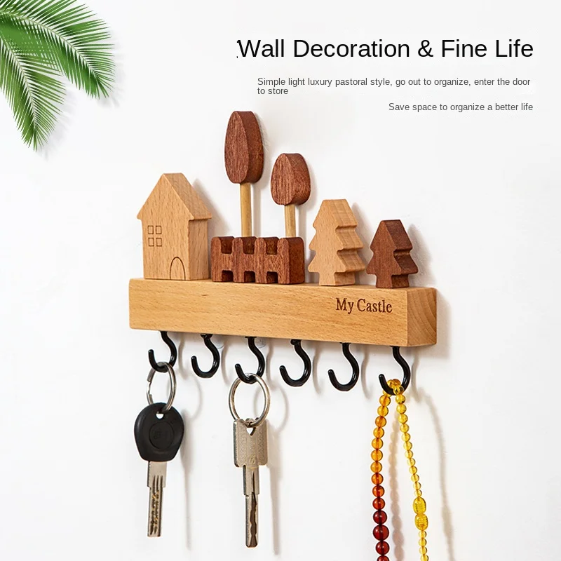 

Nordic solid wood wall key hook creative new wall-mounted entrance non-punching key storage rack into the door