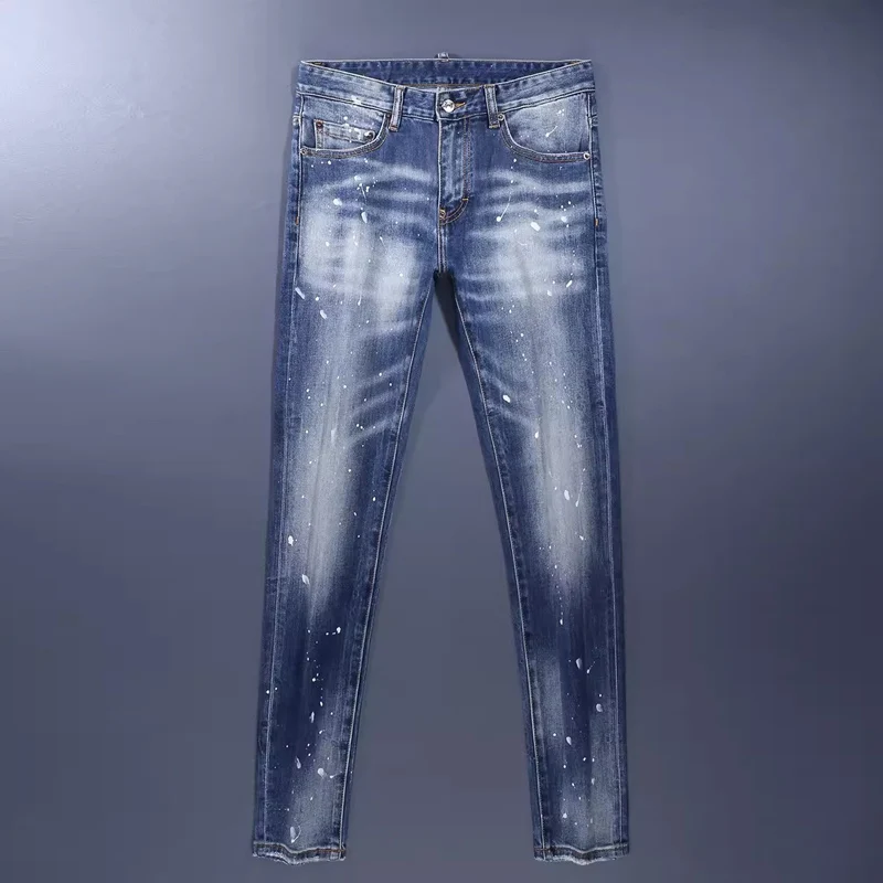 y2kMen LightBlue Whisker Gradient Wash White Paint Splatter Distressed Abrasion Stretch Skinny Denim Jeans Hip‑Hop Streetwear