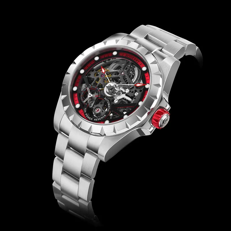BODERRY Mens นาฬิกาอัตโนมัตินาฬิกาทหารนาฬิกาข้อมือกีฬา 50 M กันน้ํา Sapphire Mirror Skeleton Dial Luminous