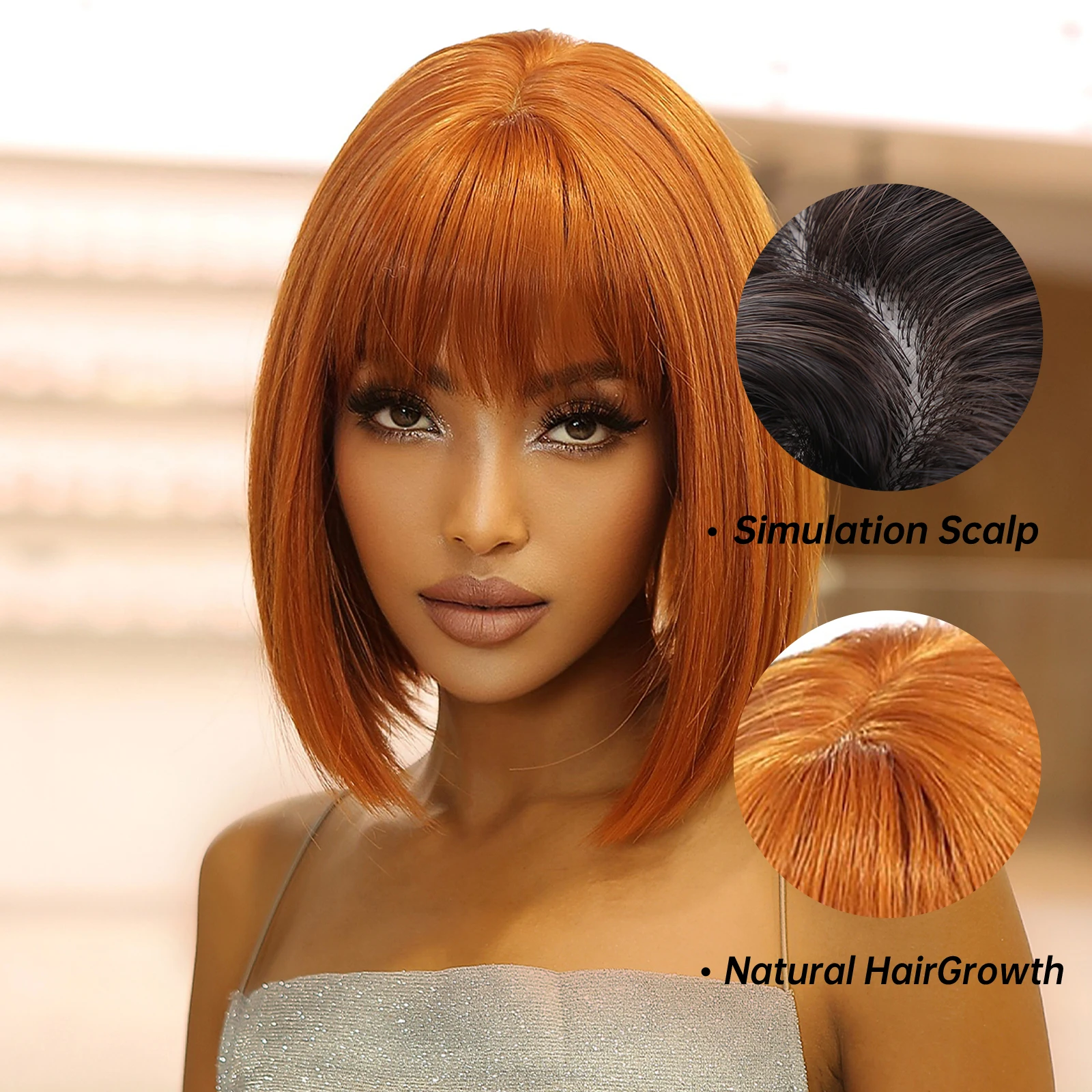 Short Straight Synthetic Wigs Ginger Brown Bob Wigs with Bangs for Women Cosplay Daily Natural Hair Wig Heat Resistant Fiber