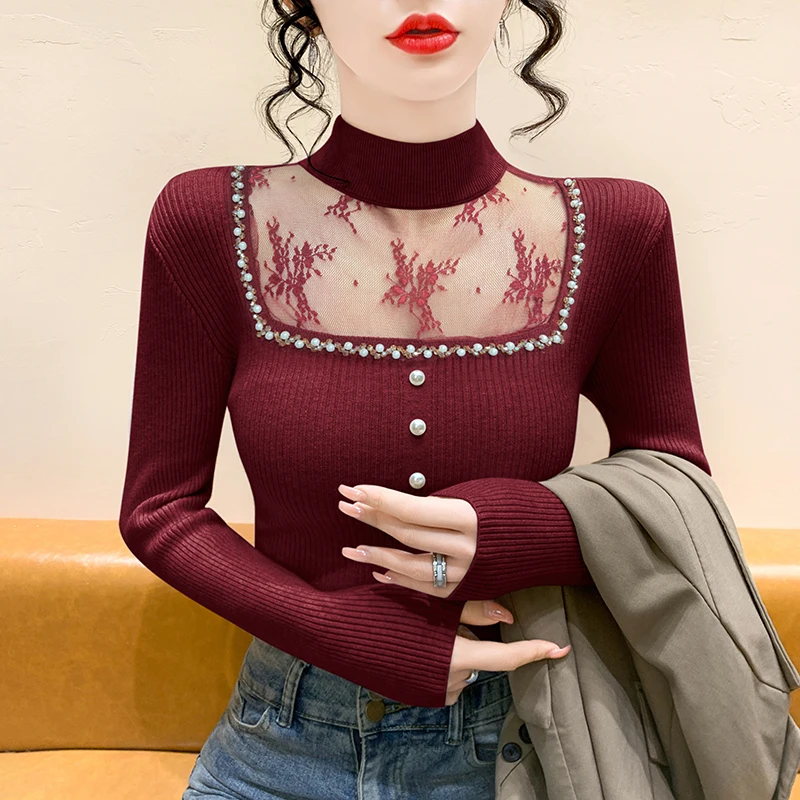 

Осенне-зимний женский вязаный свитер с вырезом хенли, бисерной отделкой и кружевными вставками, в европейском стиле, с длинными рукавами, пуловер