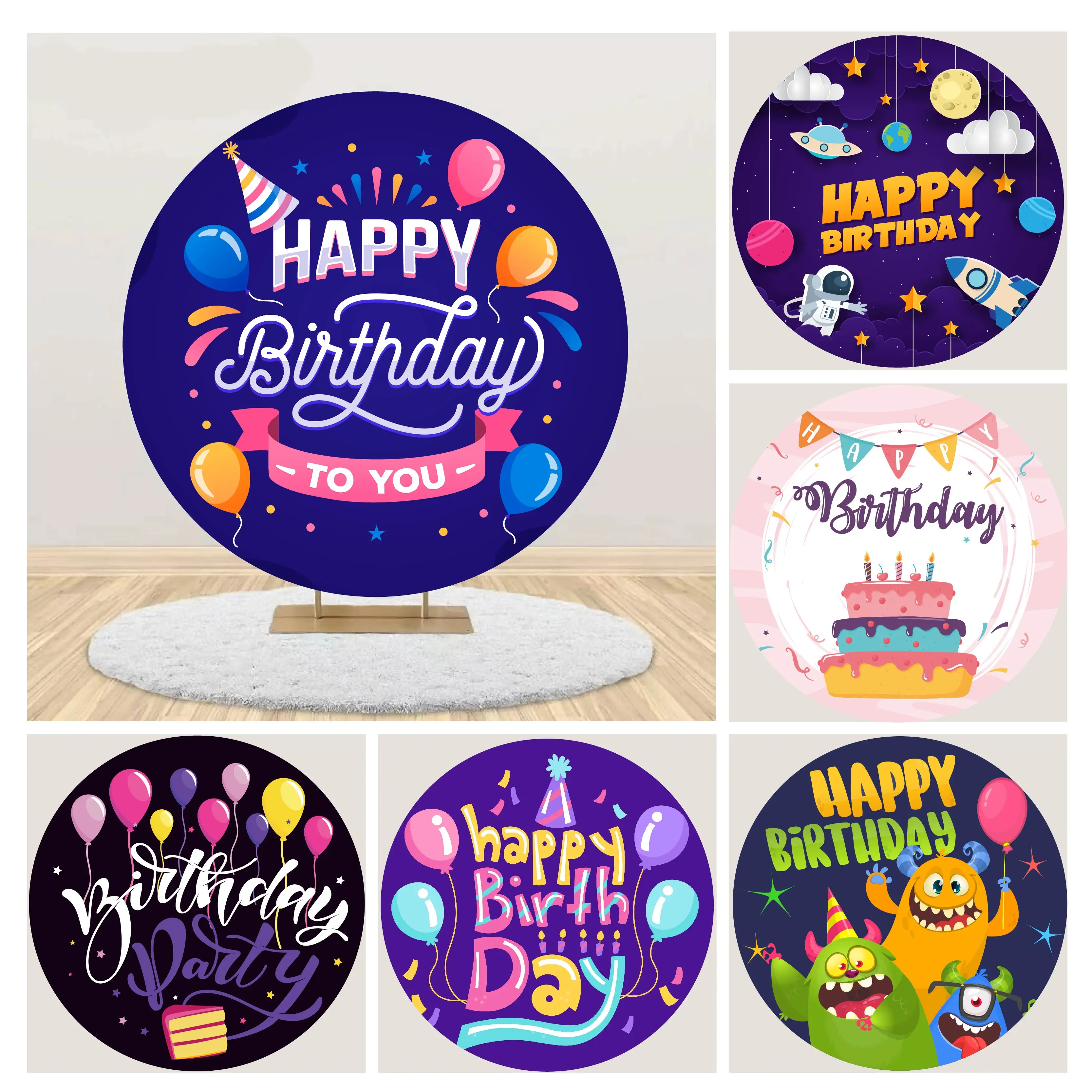 

Happy Birthday Unique Designs Round Circle Background Cover Customizable for Birthday Party Decoration Photographic Backdrop