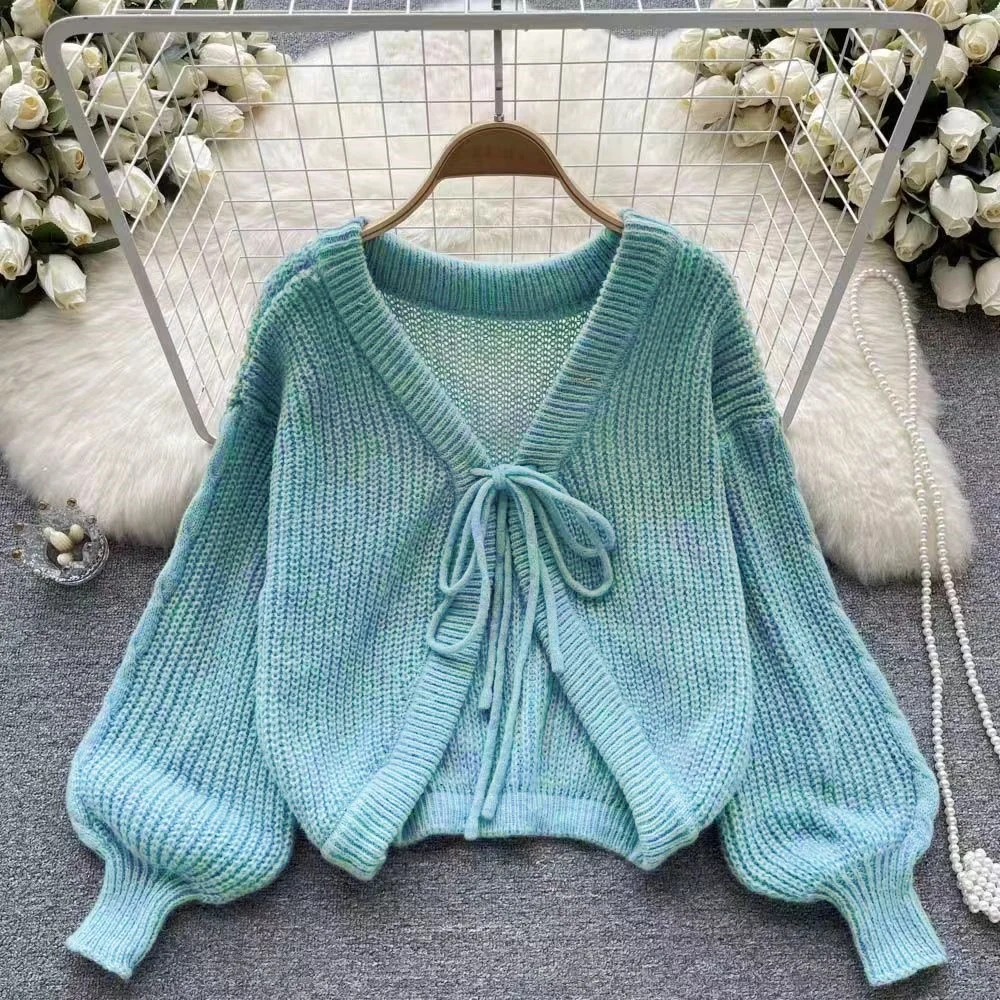 Elegant Lace Up V-Neck Lantern Sleeves Women Knit Cardigan Loose Casual All-Match Sweater Solid Color Sweet Top Autumn New Trend