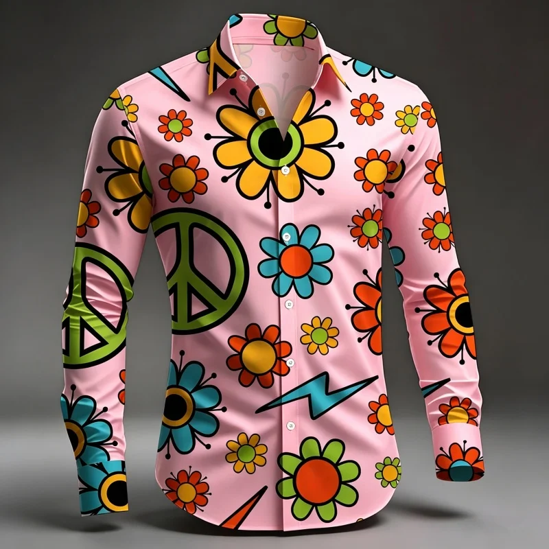 Heren wit hippie vredesteken bloemenprint overhemd met lange mouwen en knoopsluiting dagelijkse casual blouse tops