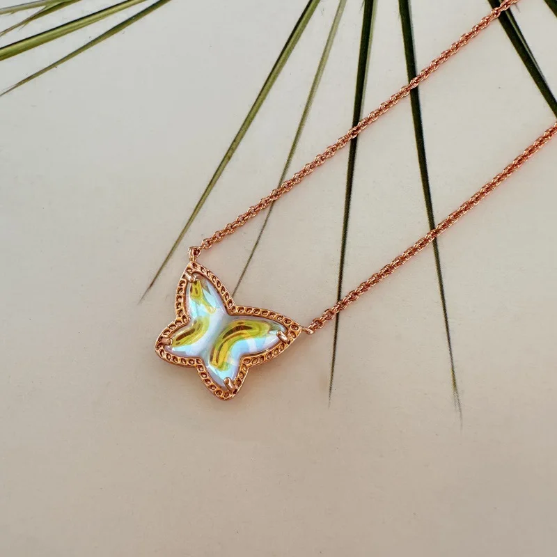 YEEVAA Butterfly Series Dichroic Glass Short Necklace, Stud Earrings for Women, Fashion Jewelry, Unique Gifts(Rose Gold Plated)