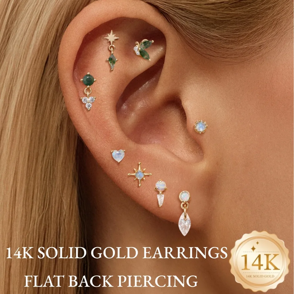 DIeSchein 14K Solid Gold Helix Piercing Earrings  Women Moss Agate Opal Flat Back Stud Earrings for Helix Tragus Daith Piercings