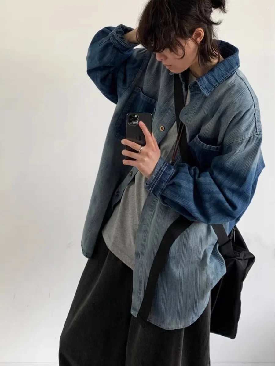 

Ретро Waed Blue adient Denim irt Свободная повседневная верхняя одежда для мужчин и женщин Весна Осень Lazy Sle Длинный воротник све