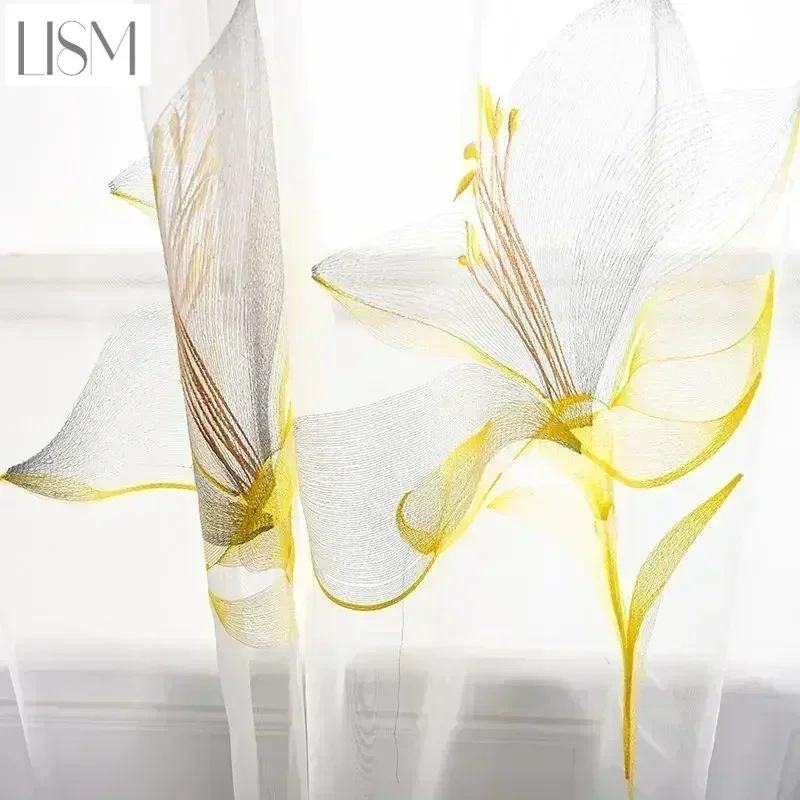 

European Style Embroidered Curtains for Living Room Dining Bedroom Satin Lily Nordic Minimalist 95% High Shading Luxury Palace
