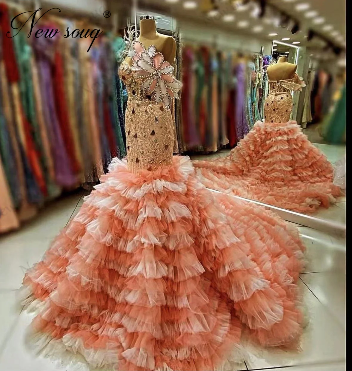 Dubai Design Tiered Tulle Evening Dresses Haute Couture Peach Mermaid Beading Birthday Engagement Dress Women Party Dress Robes