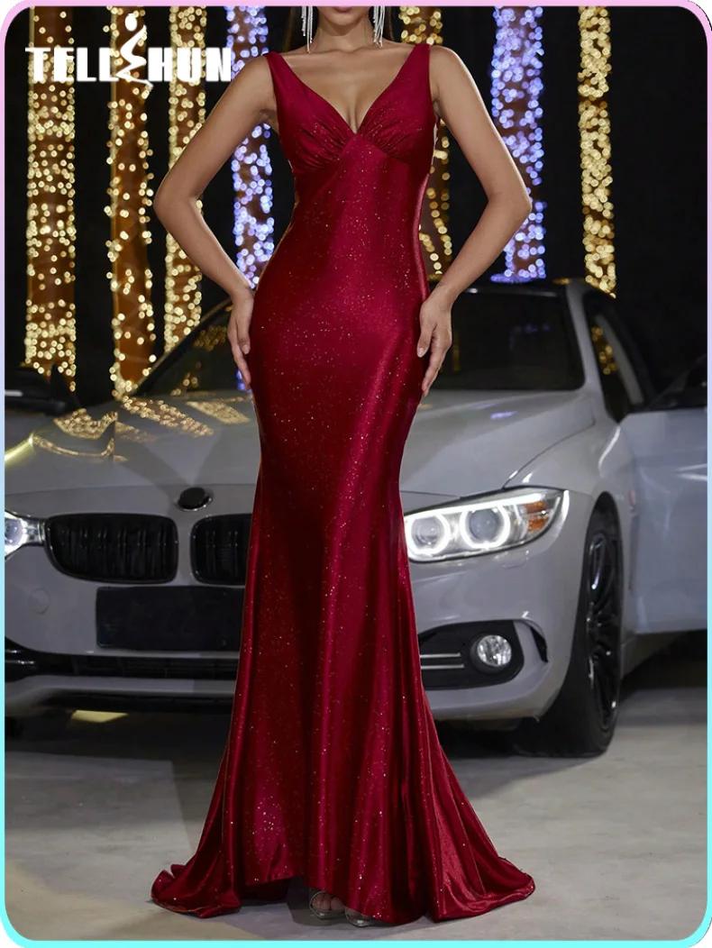 Deep v-neck red maxi dress gala Women\'s Evening Elegant Sexy Party Dress Formal long Dresses for wedding Bridesmaids guest