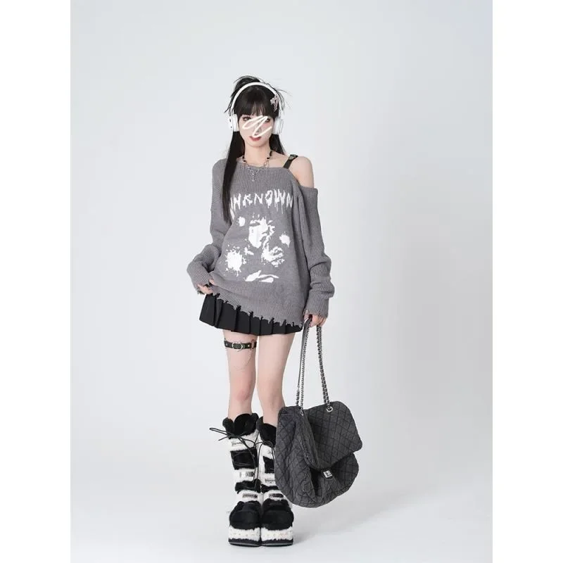 Deeptown Y2k Black Women Sweater Anime Off Shoulder Harajuku Japanese Fashion Knitted Pullovers Gothic Gyaru Loose Jumper Autumn