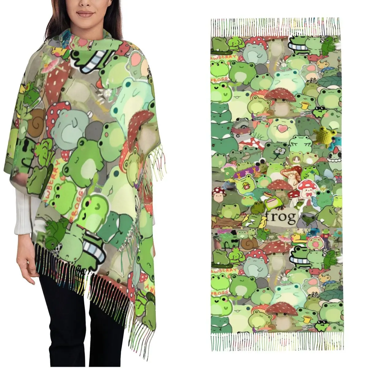 

Женский шарф, теплый мягкий зеленый мультяшный забавный лягушка, большие шарфы с кисточкой y2k, забавная шаль, зимняя бандана с рисунком