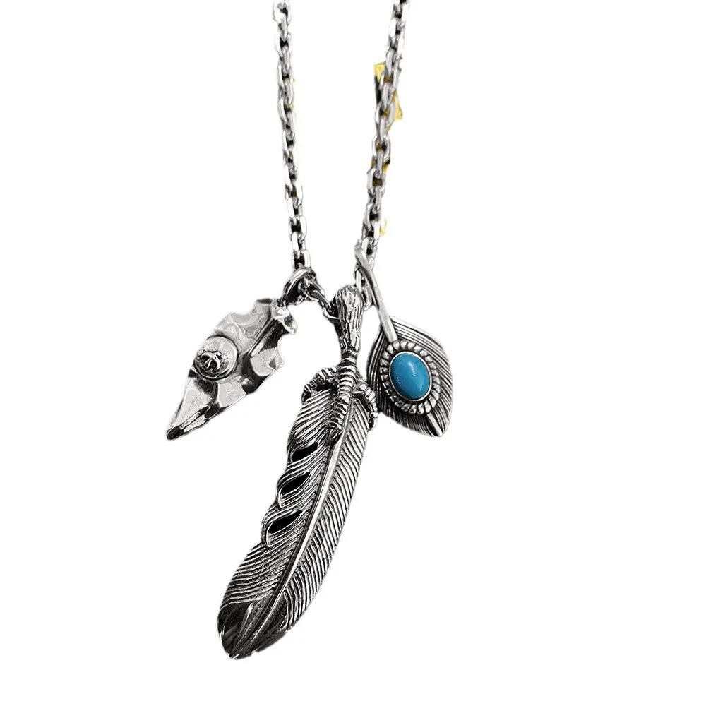 25SS new top quality goro's vintage thai silver chicken claw feathers dead leaves leaves with turquoise couple necklace