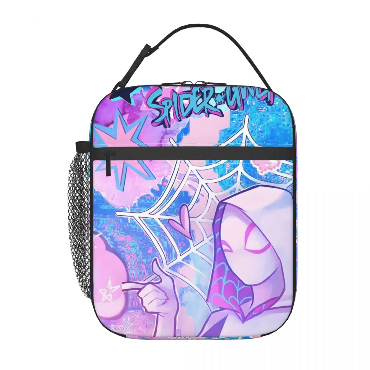 

Custom Gwen Super Hero Spider Man Hot Resuable Lunch Boxes Women Thermal Cooler Food Insulated Lunch Bag Office Work