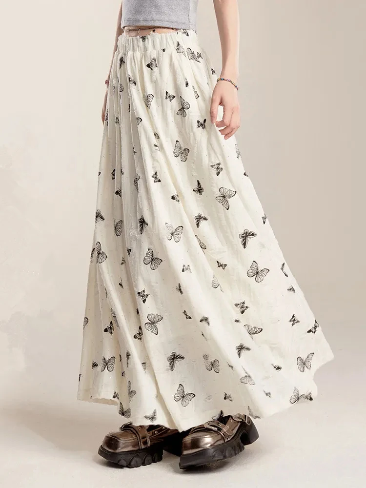 Jmprs Bufferfly Korean Long Skirts Women Elegant Retro High Waist Skirt Casual Loose Sweet Female Vintage Spring Design Skirt