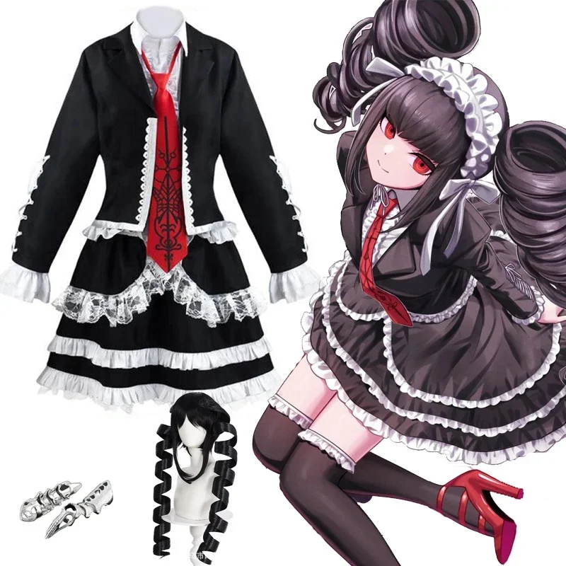 Anime Danganronpa Celestia Ludenberg Cosplay Costume Lolita Lace Black Skirt High School Student Uniform Wig Socks Bone Ring Set