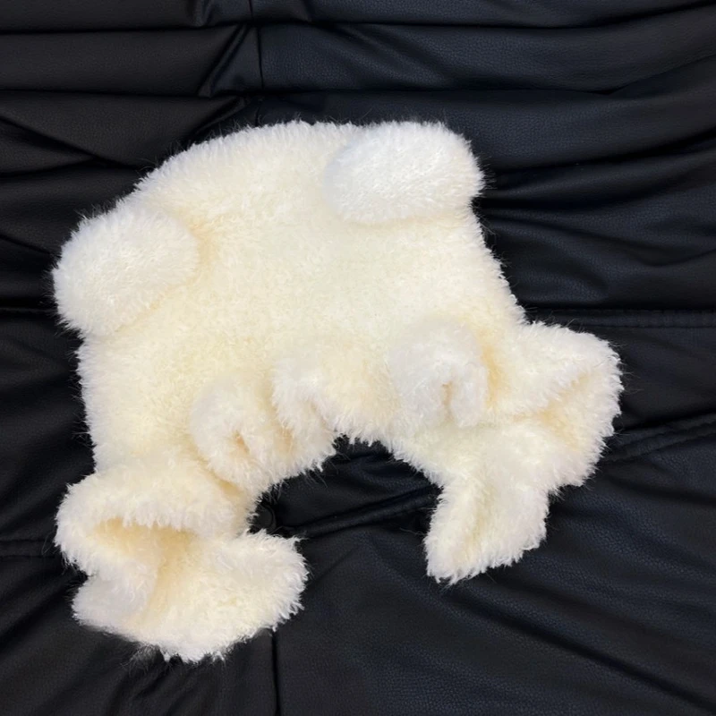 Niedliche, kleine Mütze mit Bärenohren und Spitze, aus weichem Plüsch, ideal als Pullovermütze für den Winter, zum Schutz der Ohren, gestrickte Beanie-Mütze, weiche Strickmütze für Damen. – Detail 5