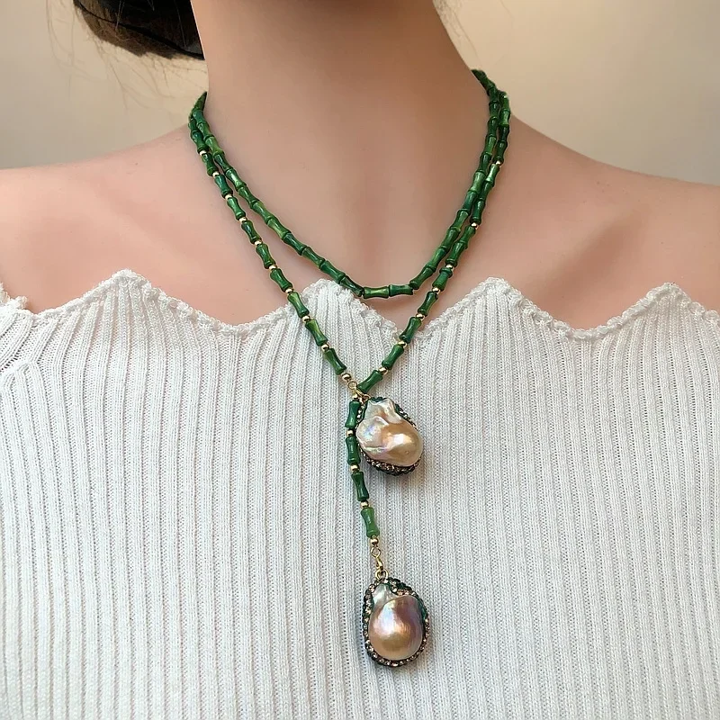 

New bamboo necklace two large Baroque pearl pendant fashion design women's sweater chain a variety of wear Statement Jewelry