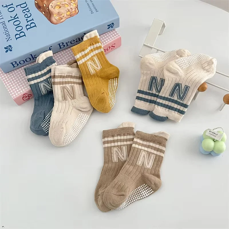 Children Anti-Slip Sports Floor Socks Cotton Letter Print Baby Socks Newborn Toddler Solid Stripe Mid Tube Socks For Boys Girls